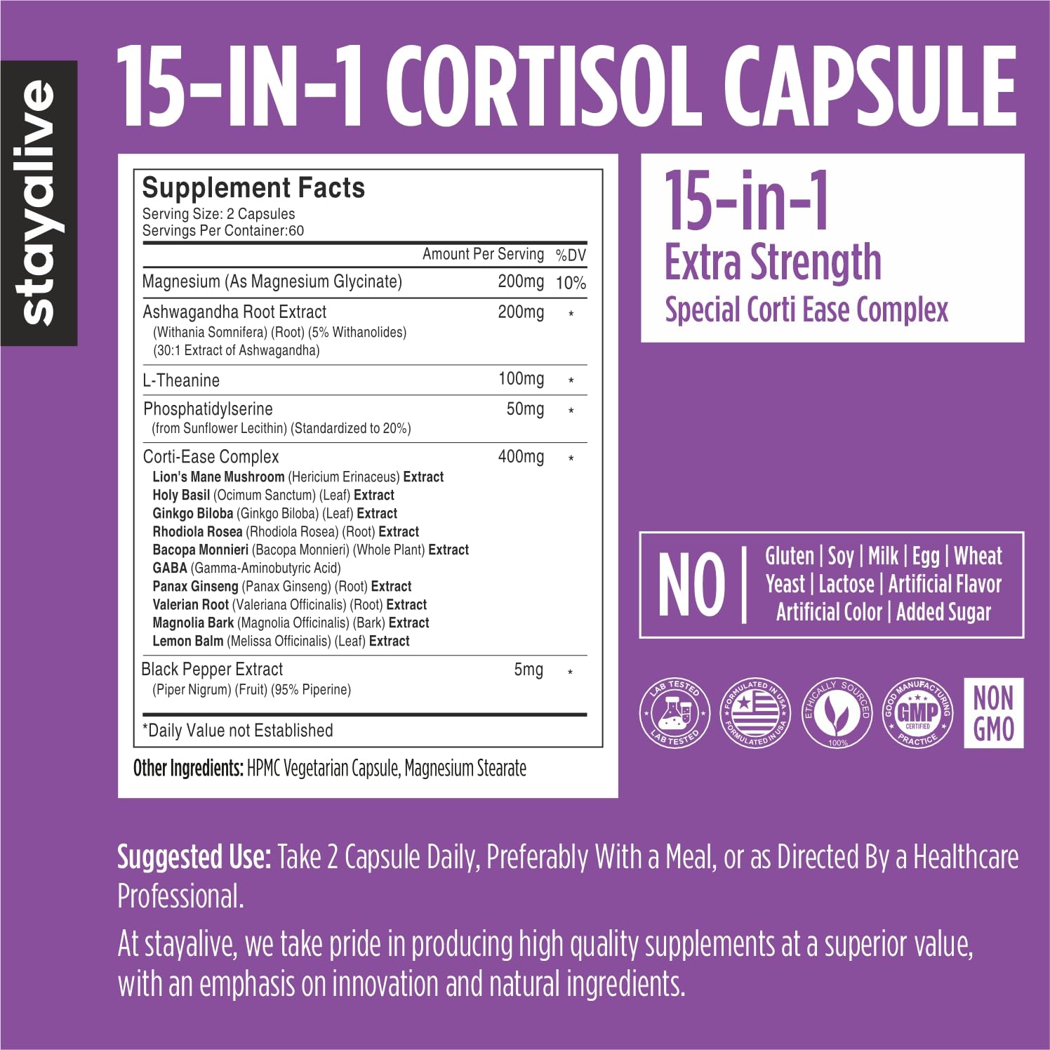 STAY ALIVE Cortisol Manager Supplement 15-in-1 Complex w/L-Theanine, Ashwagandha, Magnesium Glycinate, Phosphatidylserine and More, 120 Veg Capsules, Non-GMO & Gluten-Free Formula for Women and Men STAY ALIVE Au supplements