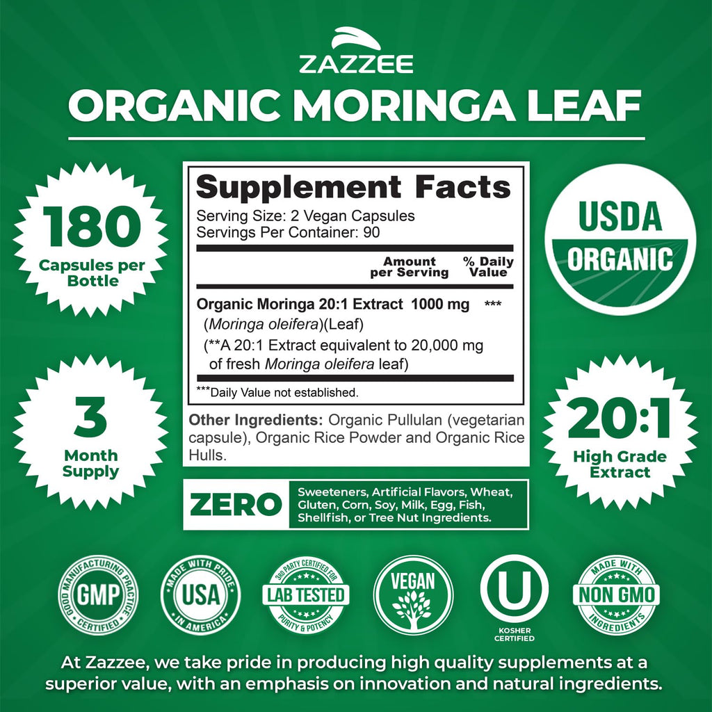 Zazzee USDA Organic Moringa Leaf 20:1 Extract, 180 Vegan Capsules, 3 Month Supply, Certified Kosher, Moringa Oleifera, Antioxidant, Immune & Cellular Support
