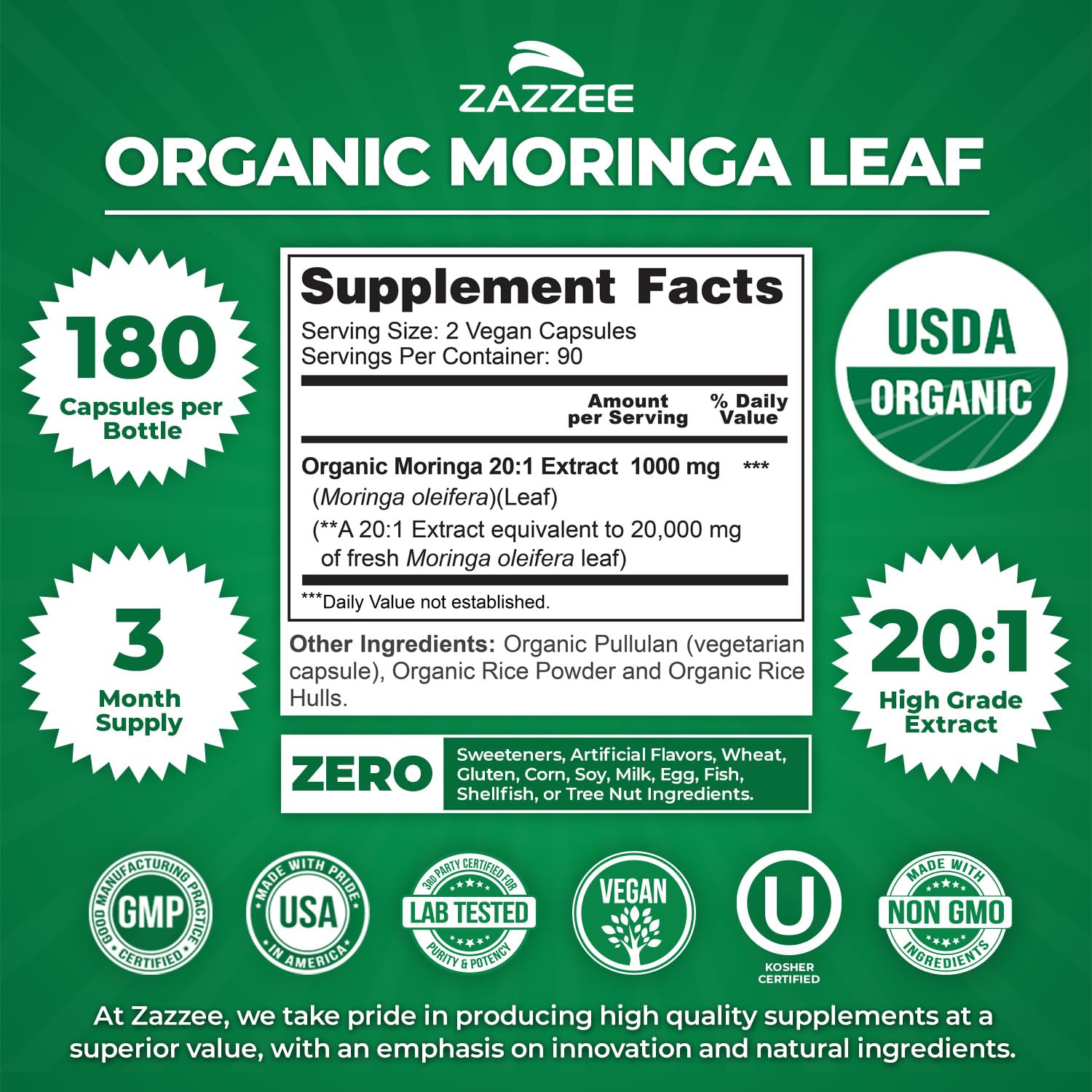 Zazzee USDA Organic Moringa Leaf 20:1 Extract, 180 Vegan Capsules, 3 Month Supply, Certified Kosher, Moringa Oleifera, Antioxidant, Immune & Cellular Support