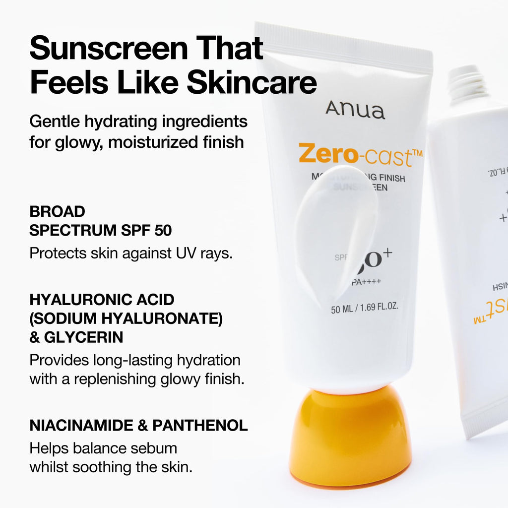 Anua, Zero-Cast Moisturizing Sunscreen SPF 50, Glow Natural Sunscreen for face, No White