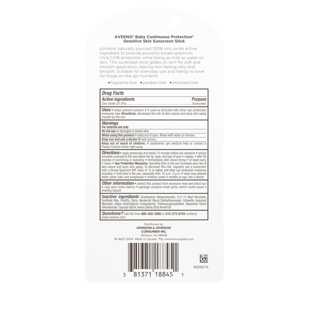 Aveeno Baby Continuous Protection Mineral Sunscreen Stick for Sensitive Skin with Broad Spectrum SPF 50 Protection for Face & Body