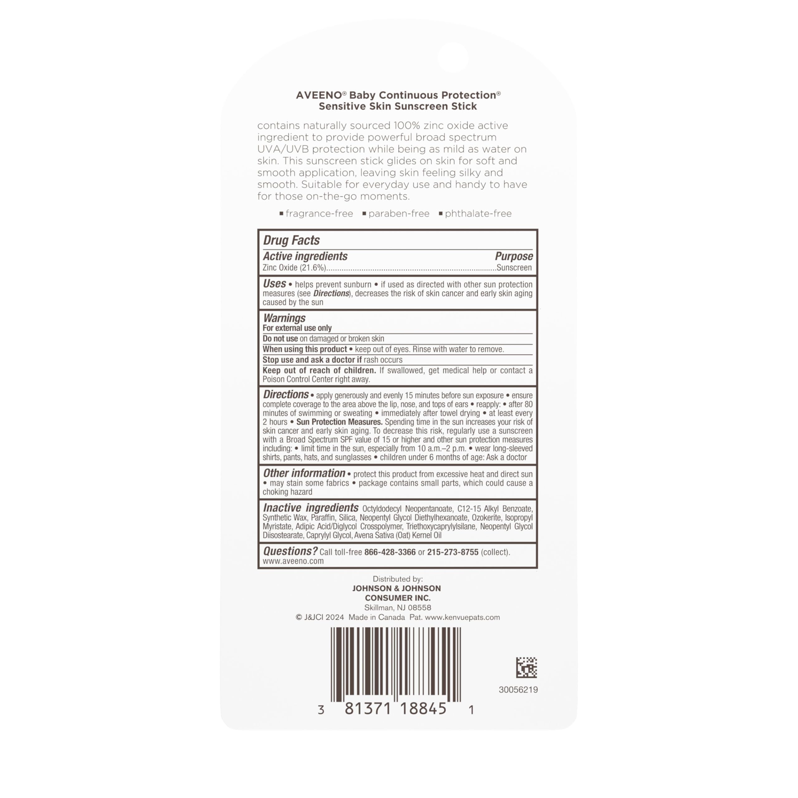 Aveeno Baby Continuous Protection Mineral Sunscreen Stick for Sensitive Skin with Broad Spectrum SPF 50 Protection for Face & Body