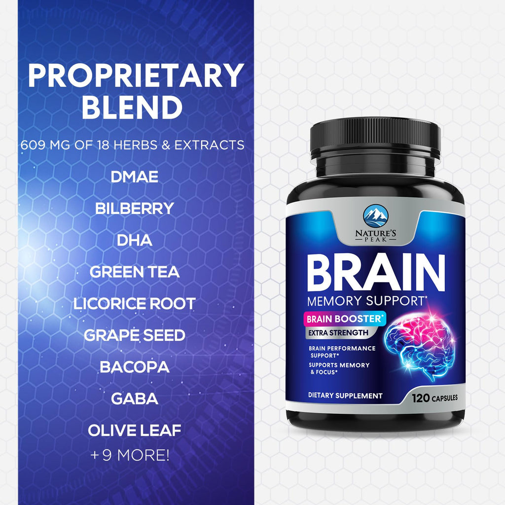 Brain Memory Supplement - 3X Strength Nootropics for Concentration, Clarity & Focus Support - Brain Health Cognitive Vitamins with Bacopa, Phosphatidylserine & DMAE, Brain Booster Pills, 120 Capsules Nature's Peak Au supplements