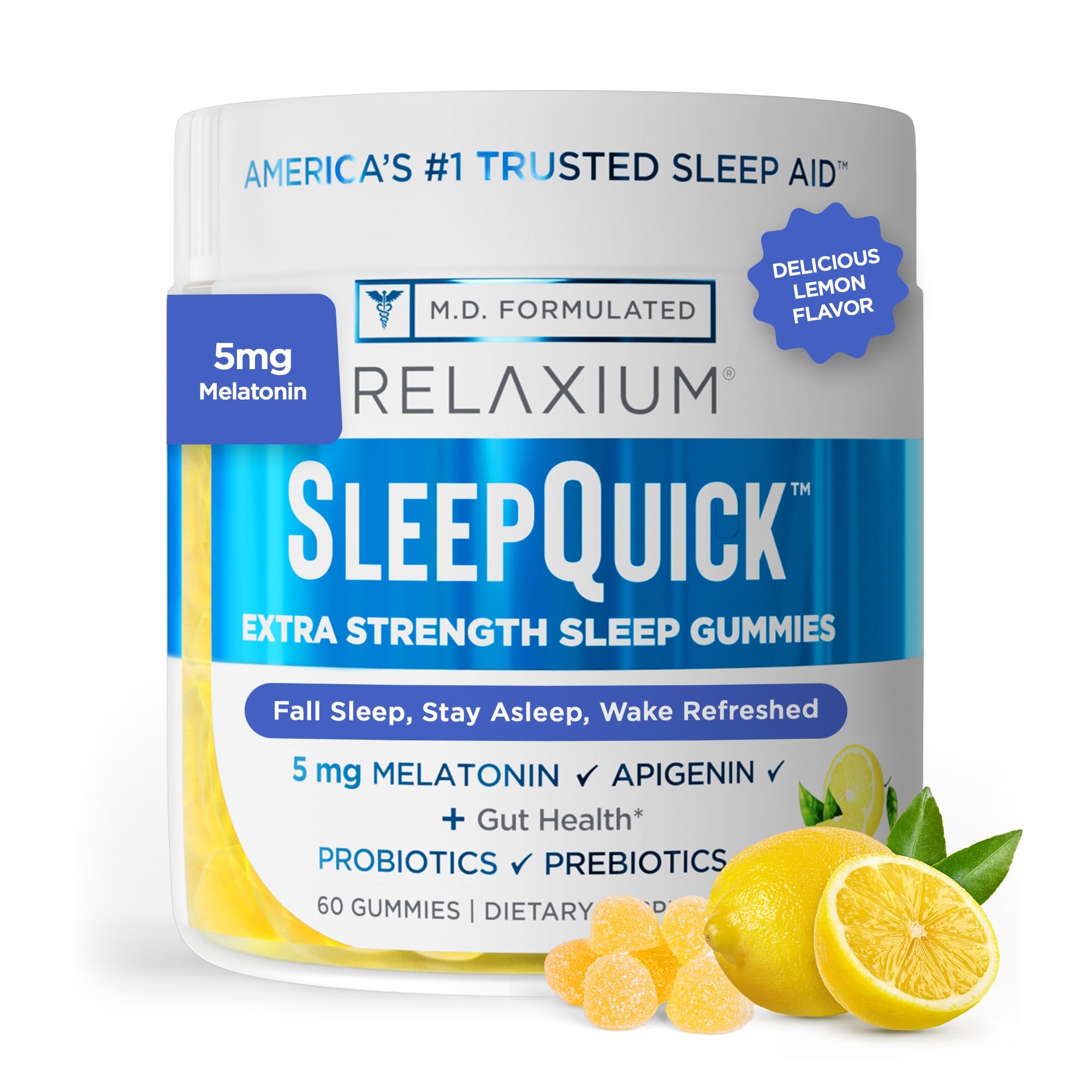 Relaxium SleepQuick Gummies - Sleep Aid + Gut Health & Immune Support, 5 mg Melatonin, Vitamin D-3 + Prebiotic & Probiotic Blend