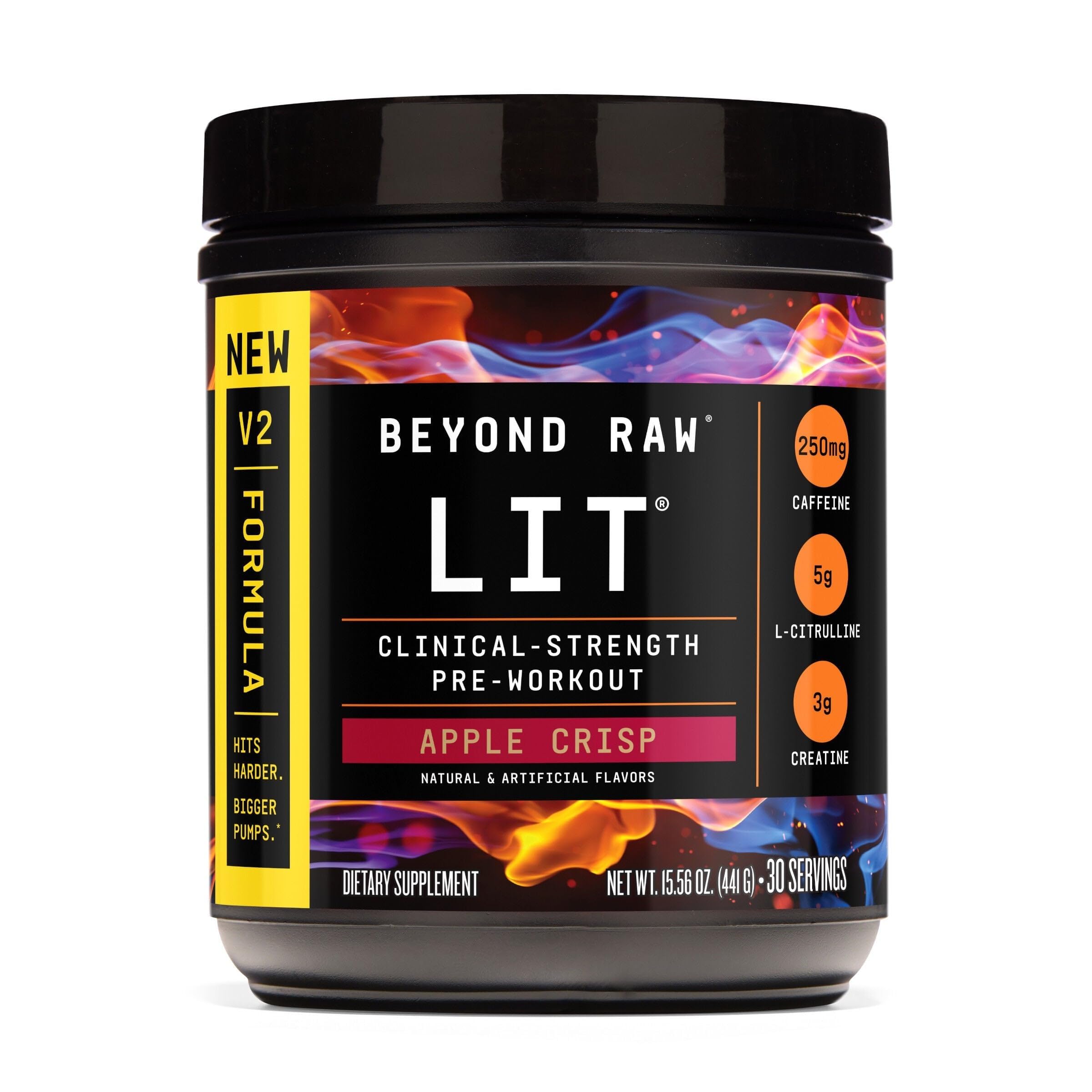 BEYOND RAW LIT V2 Clinical Strength Pre Workout Powder, Hits Harder, Bigger Pumps, Caffeine, L-Citrulline, Creatine, Apple Crisp, 30 Servings