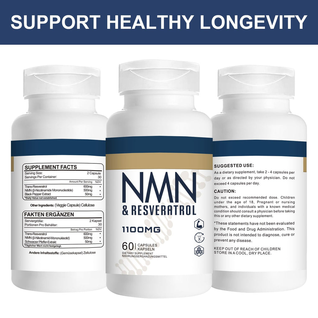 Jeaderly 1100mg NMN & Trans-Resveratrol, 3-in-1 Supplement, 60 Veggie Capsules – Supports NAD+ Boost*, Cellular Energy, Immune Function, Muscle Health & Anti-Aging, 30-Day Supply Jeaderly Au supplements