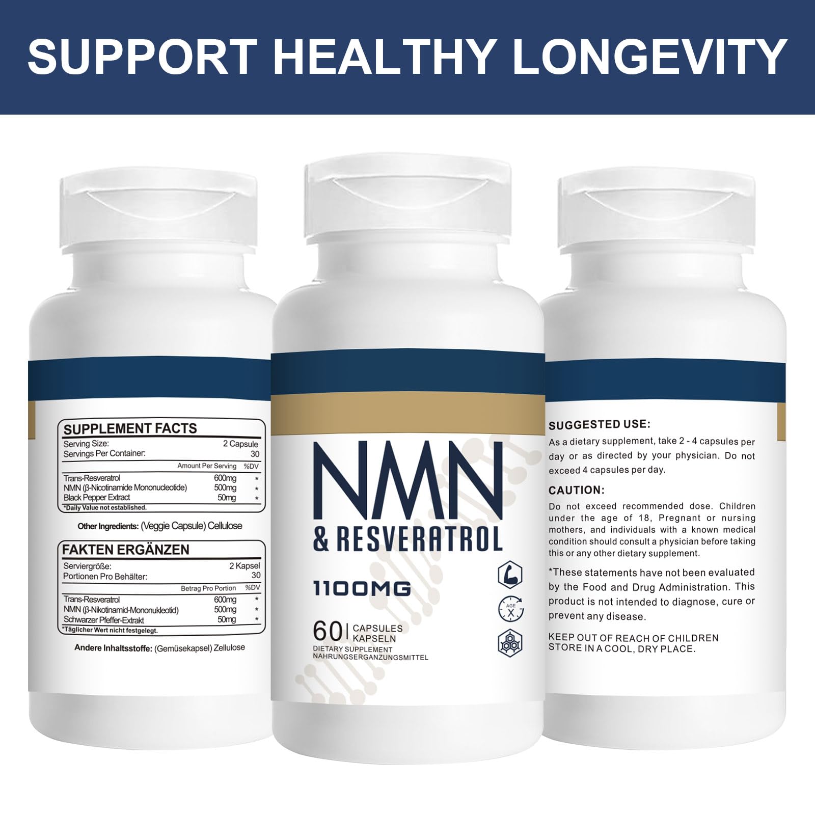 Jeaderly 1100mg NMN & Trans-Resveratrol, 3-in-1 Supplement, 60 Veggie Capsules – Supports NAD+ Boost*, Cellular Energy, Immune Function, Muscle Health & Anti-Aging, 30-Day Supply Jeaderly Au supplements