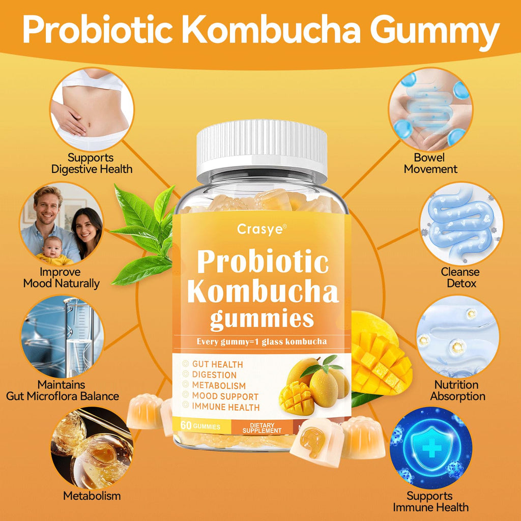 Crasye Probiotic Kombucha Gummies Sugar Free Prebiotic Postbiotic Probiotics Gummies with Slippery Elm for Women and Men Bloating Gut Health Immune and Digestive Support - 60 Gummies - 30 Servings Crasye Au supplements