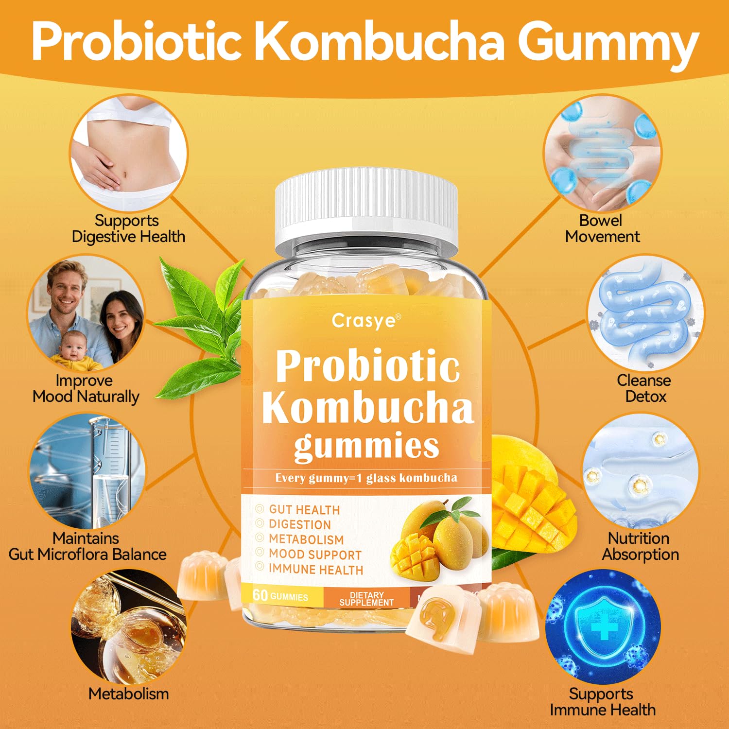 Crasye Probiotic Kombucha Gummies Sugar Free Prebiotic Postbiotic Probiotics Gummies with Slippery Elm for Women and Men Bloating Gut Health Immune and Digestive Support - 60 Gummies - 30 Servings Crasye Au supplements