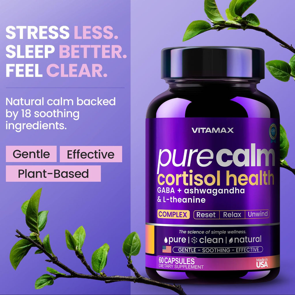 Vitamax Pure Calm Cortisol Supplements for Women - L Theanine, Ashwagandha, GABA for Relaxation, Mood & Stress Support with Ginkgo Biloba, Bacopa Monnieri, 5-HTP – Non-GMO, Made in USA – 60ct Vitamax Au supplements