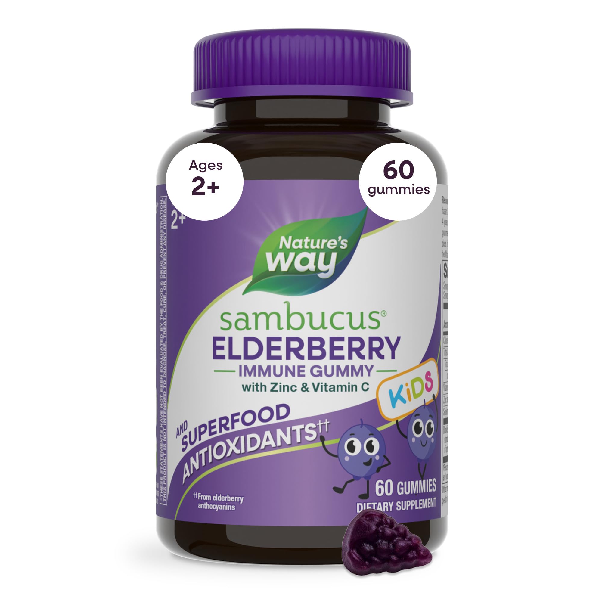 Nature’s Way Sambucus Kids Elderberry Immune Gummies with Black Elderberry Extract, Daily Immune Support Gummy with Vitamin C and Zinc