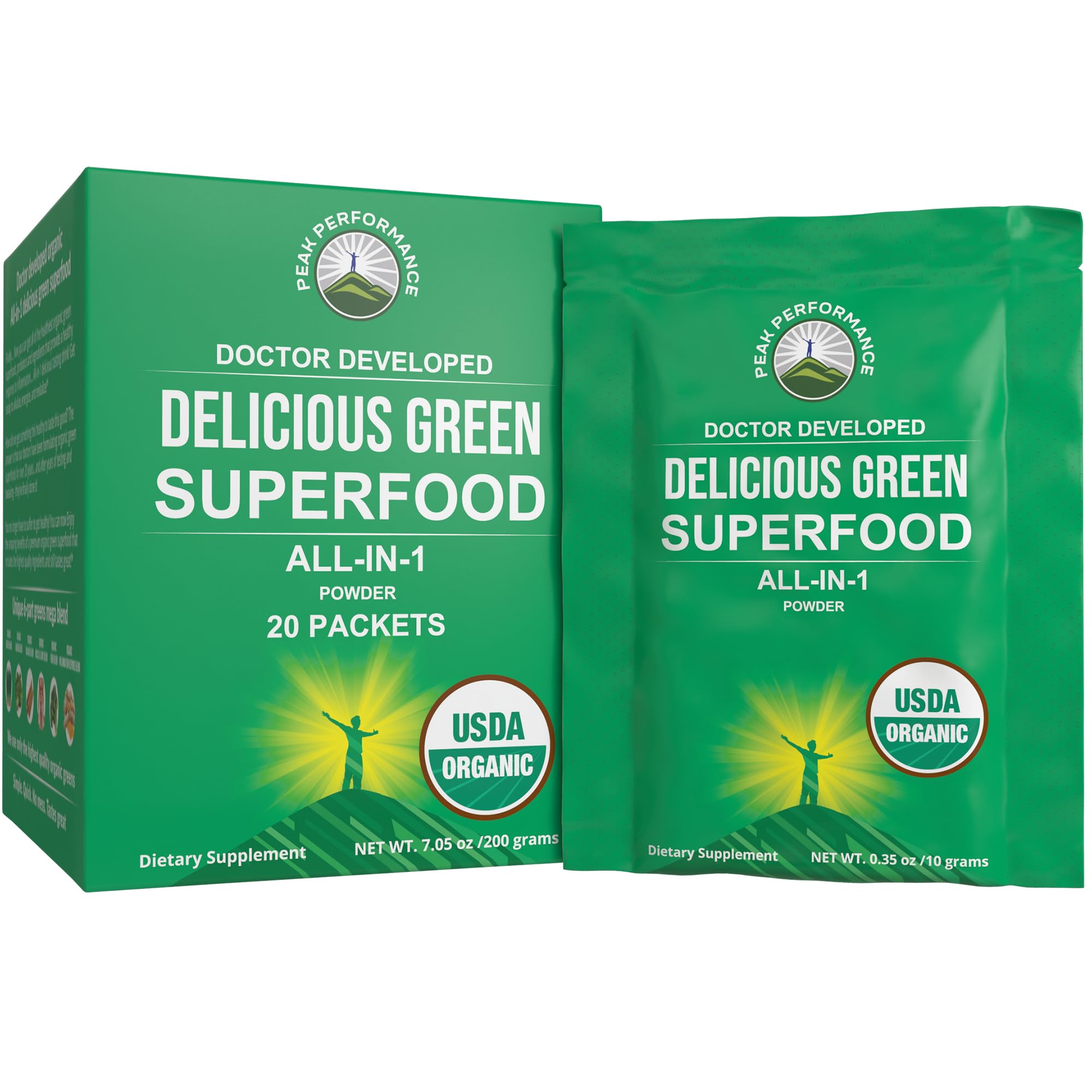 Peak Performance Organic Greens Superfood Powder Single Serve Travel Packets. Best Tasting Organic Green Juice Super Food with 25+ All Natural Ingredients for Max Energy. (20 Pack) Peak Performance Au supplements
