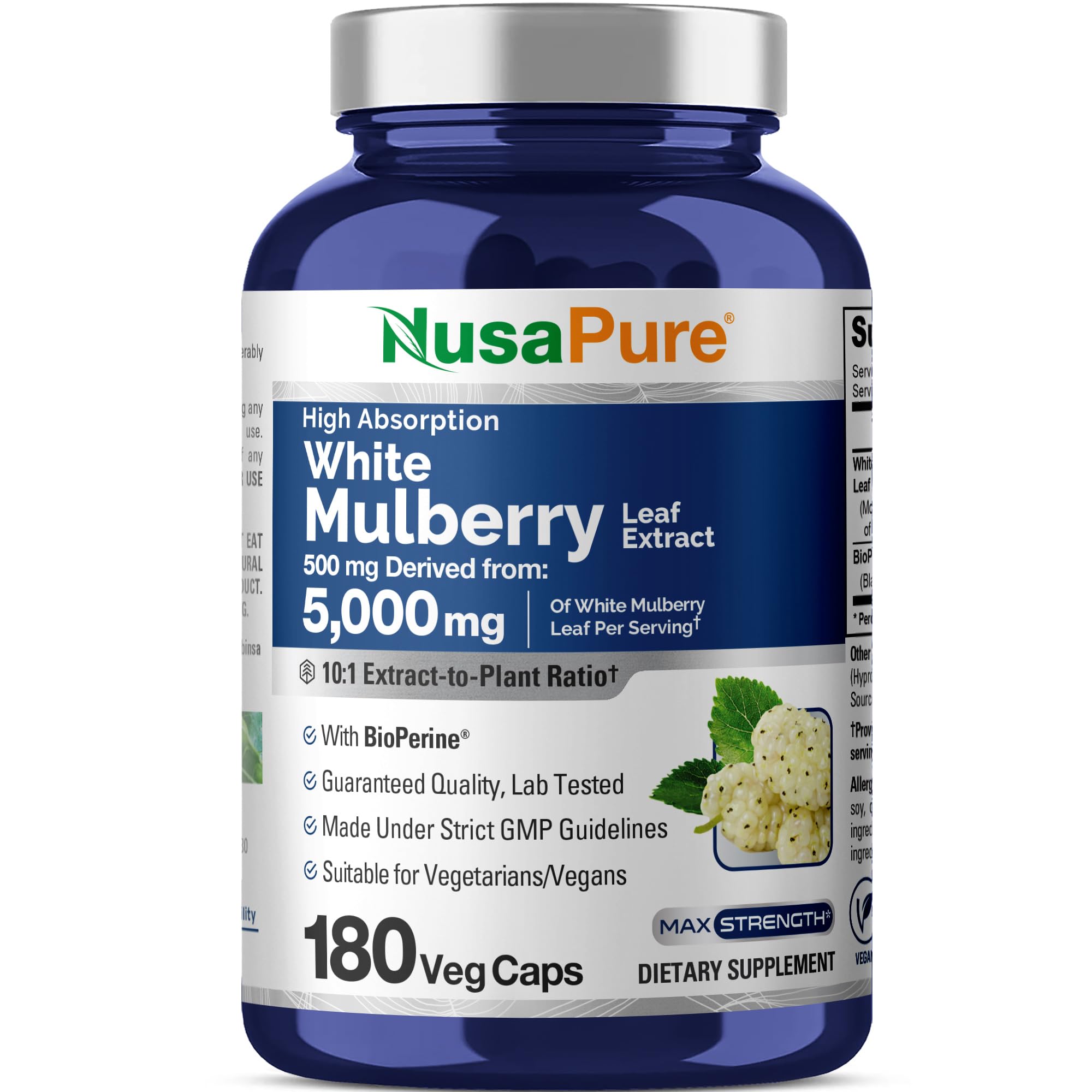 NusaPure White Mulberry Leaf Extract 10:1 Extract, 500 mg Equivalent to 5000mg 180 Veg Caps (Vegan, Non GMO Bioperine) NusaPure Au supplements