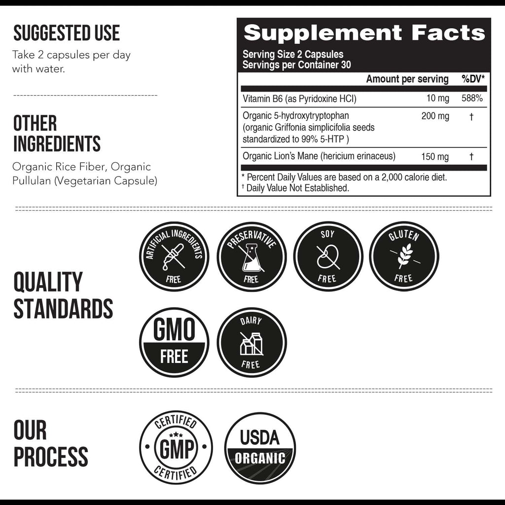 Organic 5-HTP - 200 mg | 99% 5HTP Concentration, Plus Cofactor Vitamin B6 & Lion’s Mane | Water Extracted from Organic Griffonia Seeds | Supports Mood