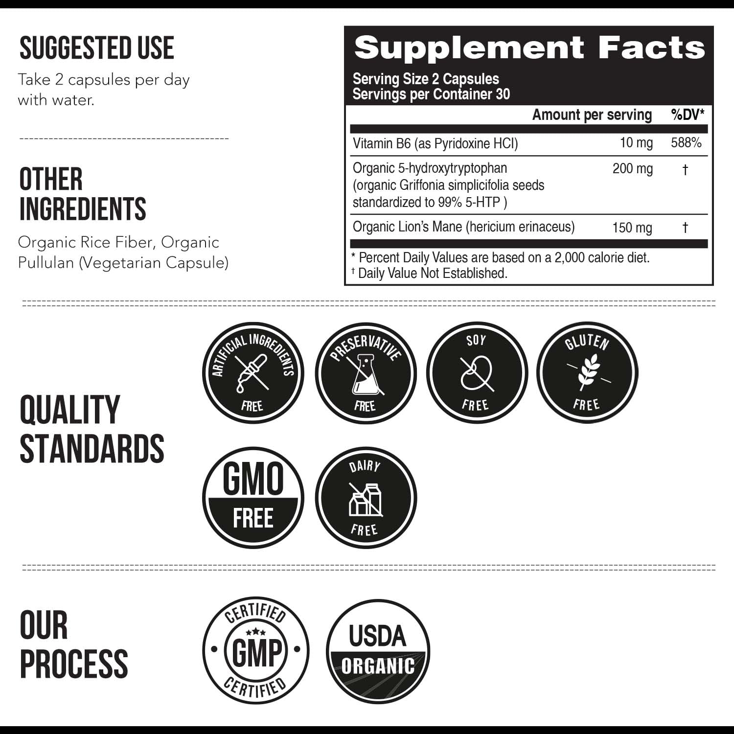 Organic 5-HTP - 200 mg | 99% 5HTP Concentration, Plus Cofactor Vitamin B6 & Lion’s Mane | Water Extracted from Organic Griffonia Seeds | Supports Mood
