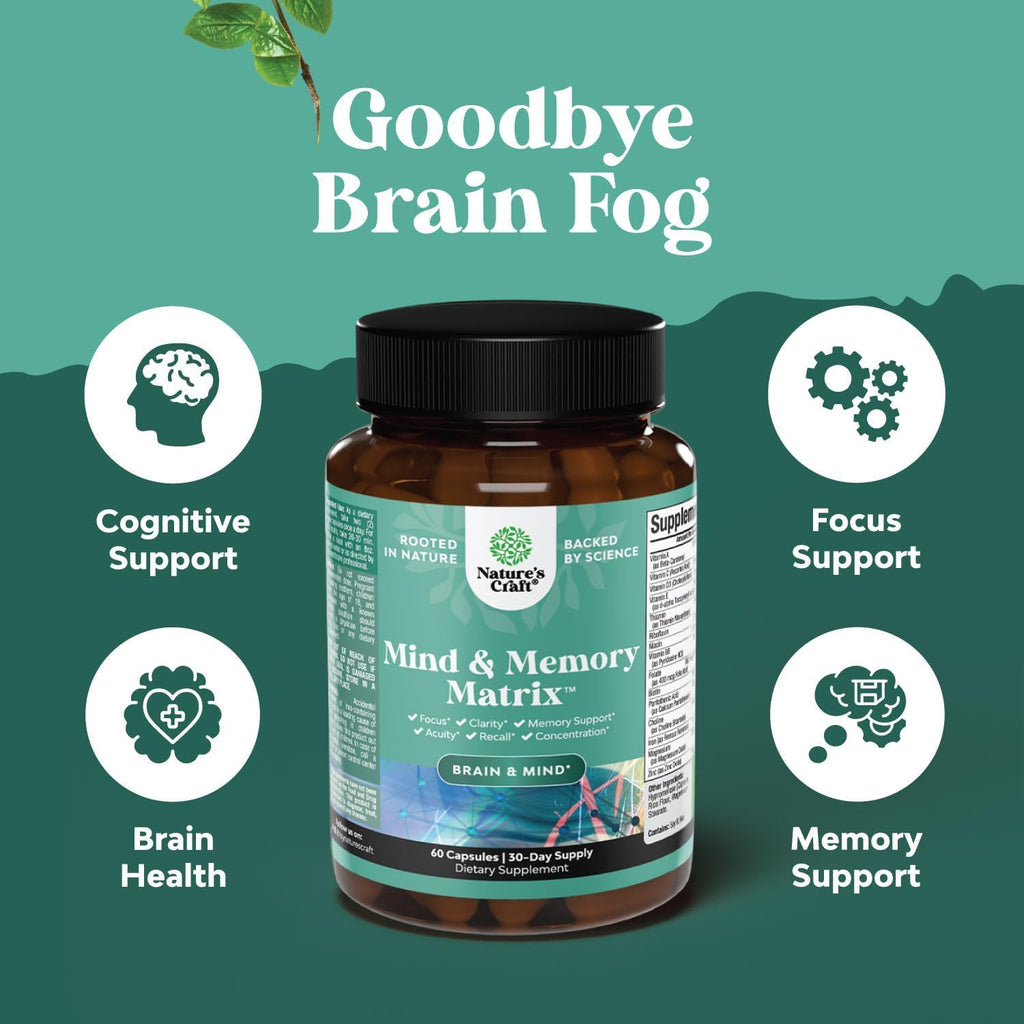 Advanced Brain Supplement for Memory and Focus - Nootropics Brain Support Supplement with Memory and Focus Vitamins for Adults of All Ages - for Brain Fog Clarity Energy and Recall - 60 Count Natures Craft Au supplements