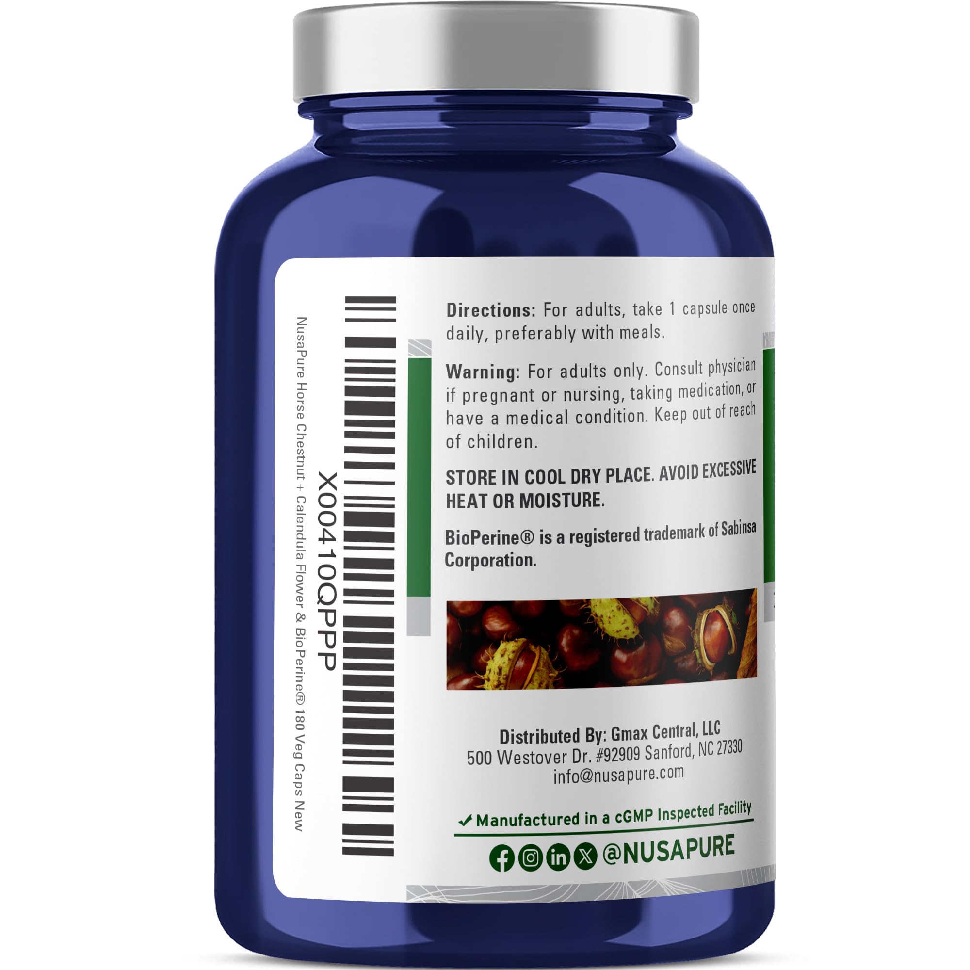 NusaPure Horse Chestnut 20:1 Extract, 300 mg Equivalent to 6,000mg 180 Veggie Caps Non-GMO, Vegan, BioPerine, Calendula Flower NusaPure Au supplements