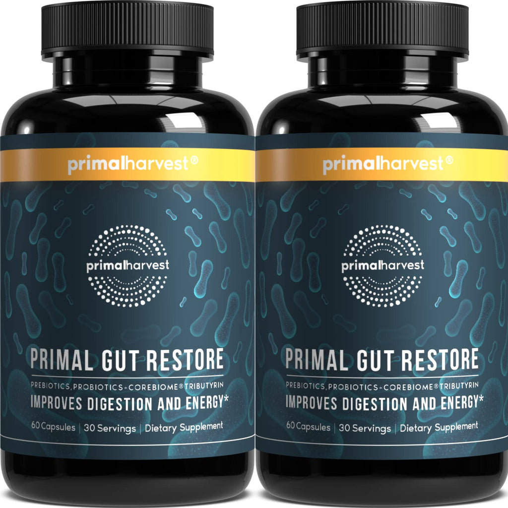Primal Harvest 2 Pack, Restore for Gut Health, Primal Gut Restore w/POSTbiotics, PREbiotics and PRObiotics for Women and Men, 60 CT - Digestion,