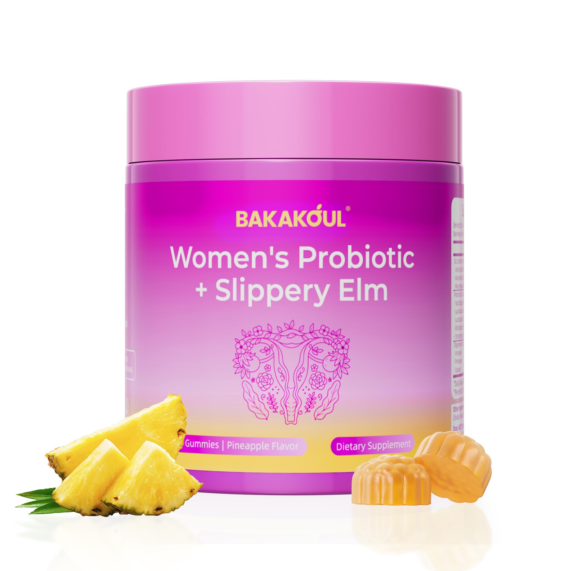 BAKAKOUL Feminine Probiotics Gummies for Women, Vaginal Probiotics with Slippery Elm,Prebiotics & Probiotics Supports pH Balance,Immune Health, Vegan
