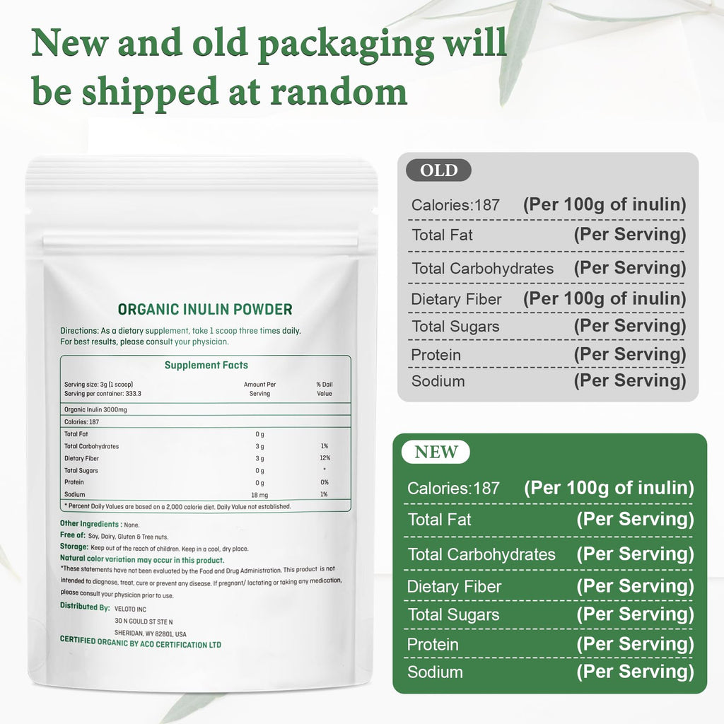 VELOTO Organic Inulin Powder – Prebiotic Fiber Supplement for Smoothies & Drinks, 2.2 lb, Flavorless, Water Soluble, Vegan & Non-GMO