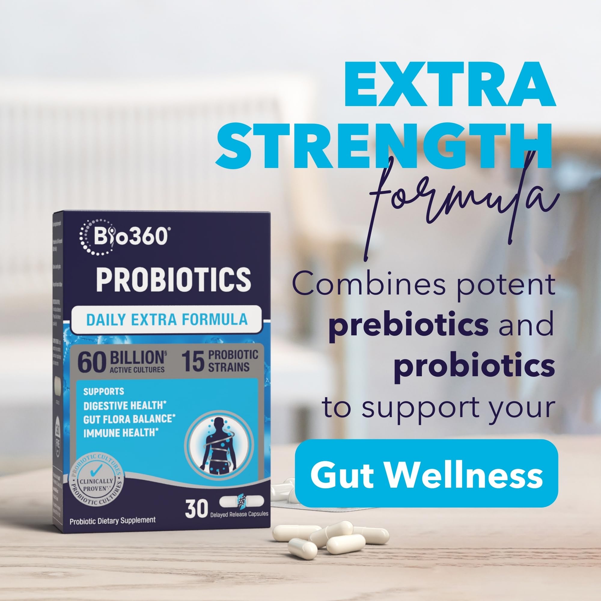 Extra Strength Probiotic for Digestive Health and Immune Support, 60 Billion CFU & 15 Strains, Gut Health Probiotics for Men and Women Supports Occasional Constipation, Diarrhea, Gas & Bloating, 30CT Bio360 Au supplements