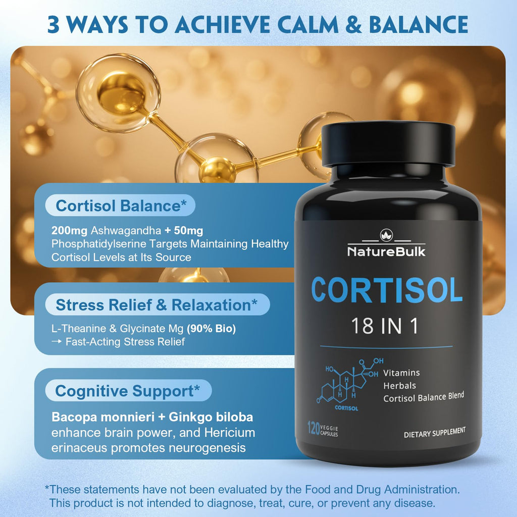 NATUREBULK Cortisol Supplements for Women, 18-in-1 - Premium Blend with Ashwagandha, Rhodiola, Magnesium & L-Theanine - Stress Response Support & Mood Enhancement Formula - 120 Vegetarian Capsules NATUREBULK Au supplements
