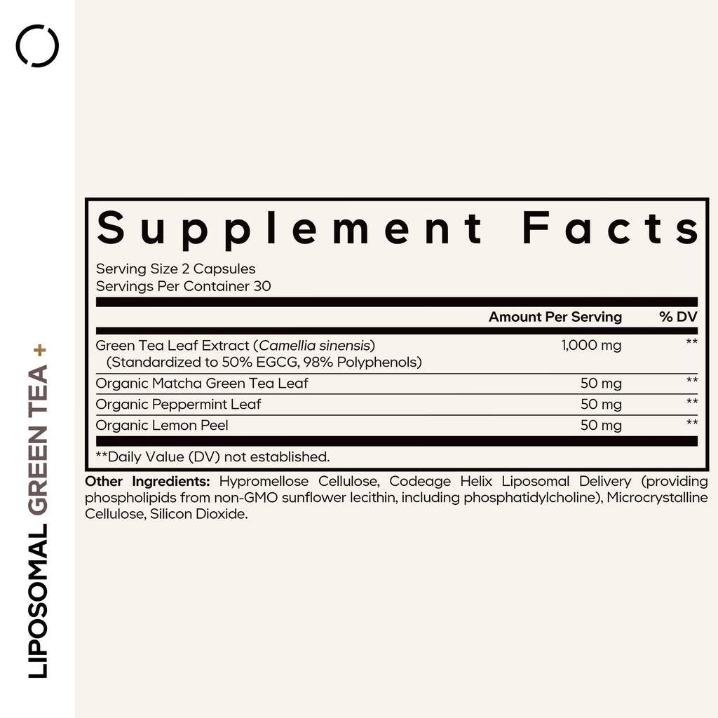 Codeage Liposomal Green Tea+ EGCG 50% Green Tea Extract, Organic Matcha Green Powder, Peppermint Leaf, Lemon Peel, Liposomal Delivery - Vegan Pils Supplement - Non-GMO - 60 Capsules Codeage Au supplements