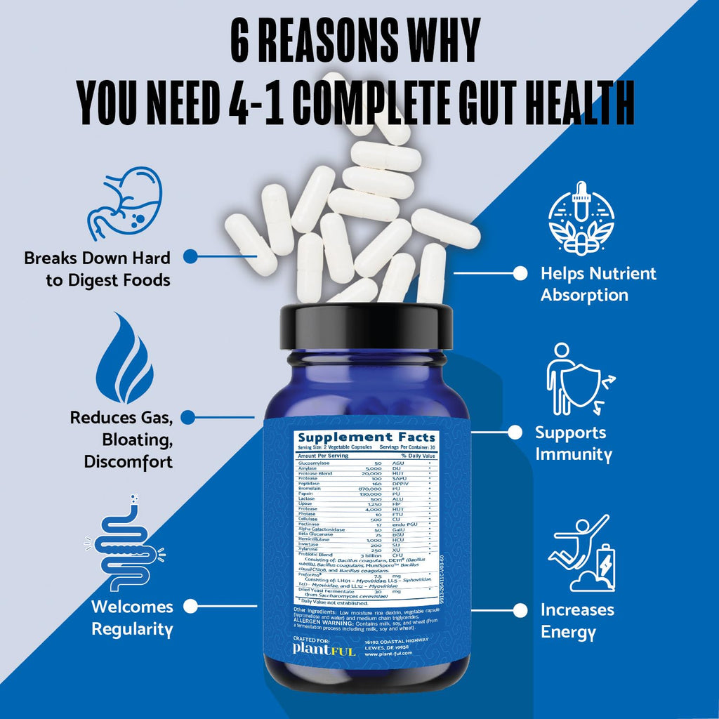 4-in-1 Pre Post Probiotics & Digestive Enzymes - Complete Gut Health & Digestive Support for Women & Men - Prebiotic Probiotic & Postbiotic Gas & Bloating Relief – 60 Non GMO Capsules PLANTFUL RESEARCH Au supplements