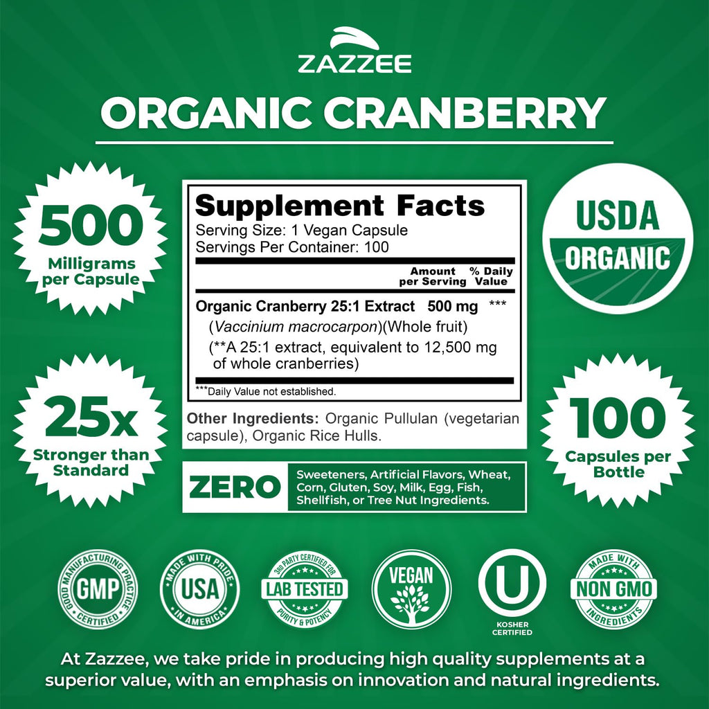 Zazzee USDA Organic Cranberry 25:1 Extract, 500 mg per Capsule, 100 Vegan Capsules, 3+ Month Supply, Certified Kosher, Vaccinium Macrocarpon, Urinary Tract & Bladder Support