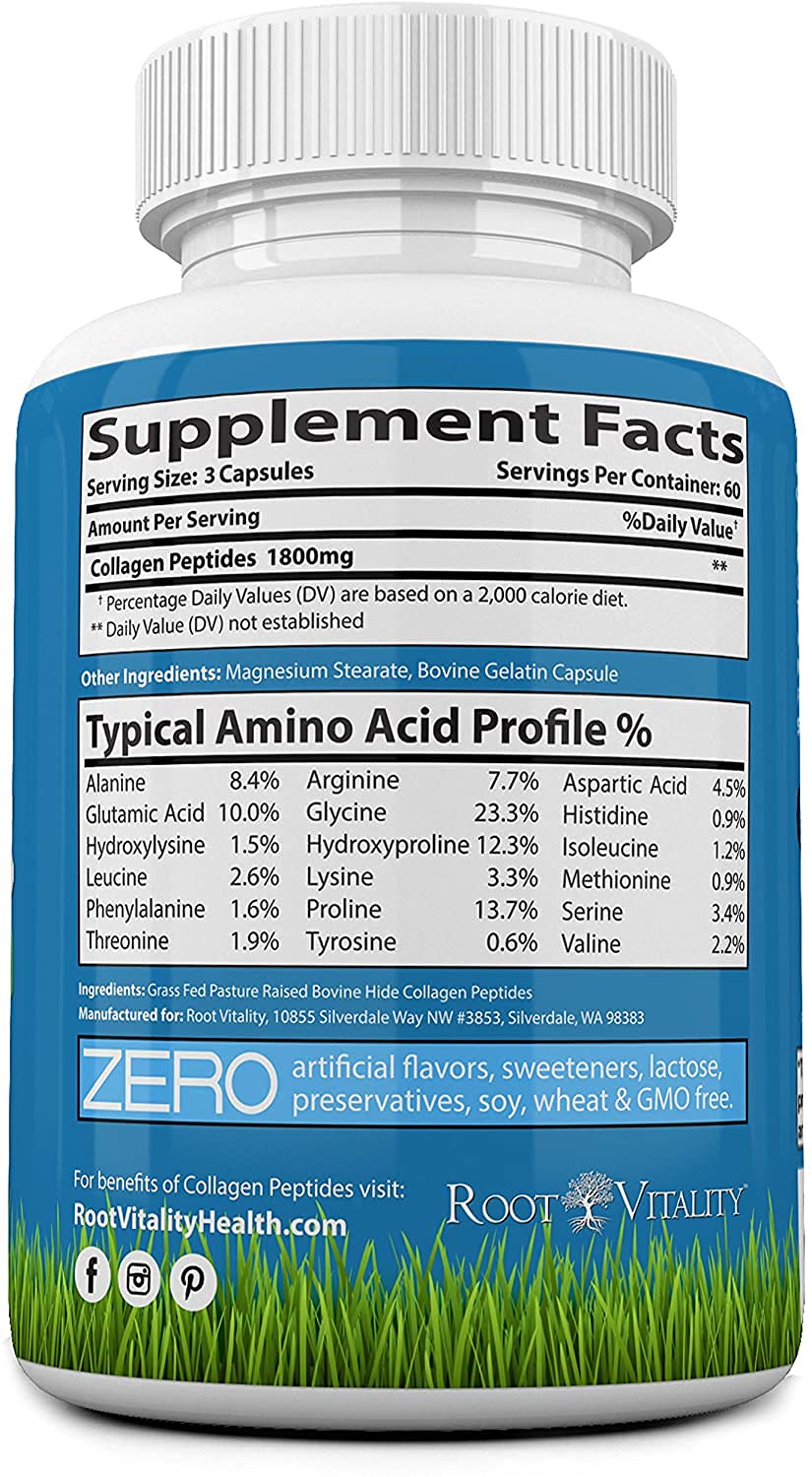 Root Vitality Collagen Peptides Capsules - Grass-Fed, Pasture-Raised Hydrolyzed Protein Supplement for Skin, Hair, & Nails - Non-GMO, Zero Sugar Daily Pills for Men & Women (180 Capsules) Root Vitality Au supplements