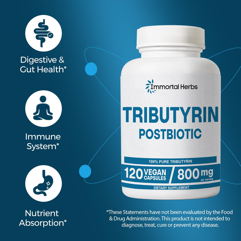 Immortal Herbs Tributyrin Supplement 800mg, Advanced Butyrate Form, 55% Standardized, More Effective Delivery Than Sodium Butyrate, 120 Capsules, Non-GMO & Gluten Free Postbiotic Supplement Immortal Herbs Au supplements