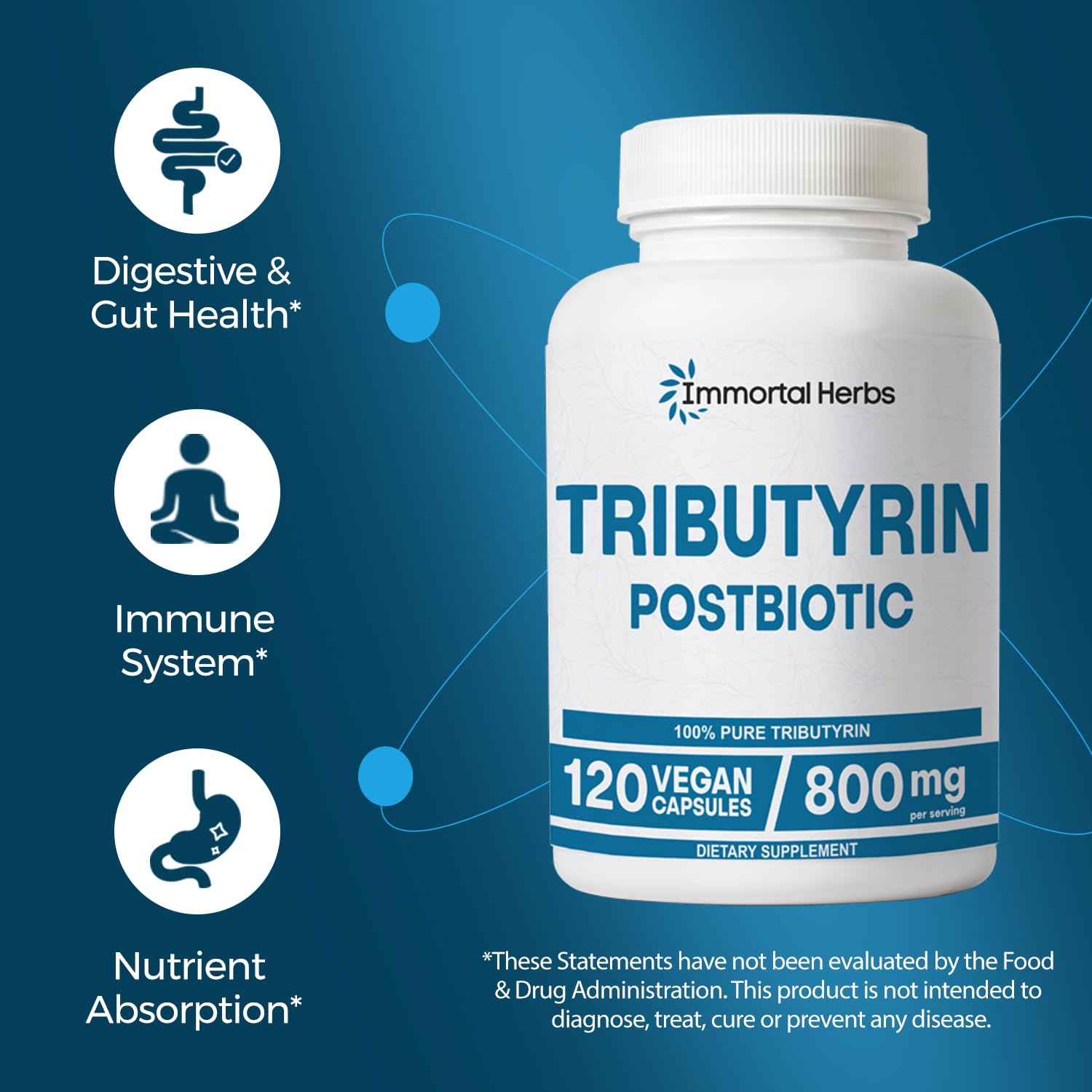 Immortal Herbs Tributyrin Supplement 800mg, Advanced Butyrate Form, 55% Standardized, More Effective Delivery Than Sodium Butyrate, 120 Capsules, Non-GMO & Gluten Free Postbiotic Supplement Immortal Herbs Au supplements