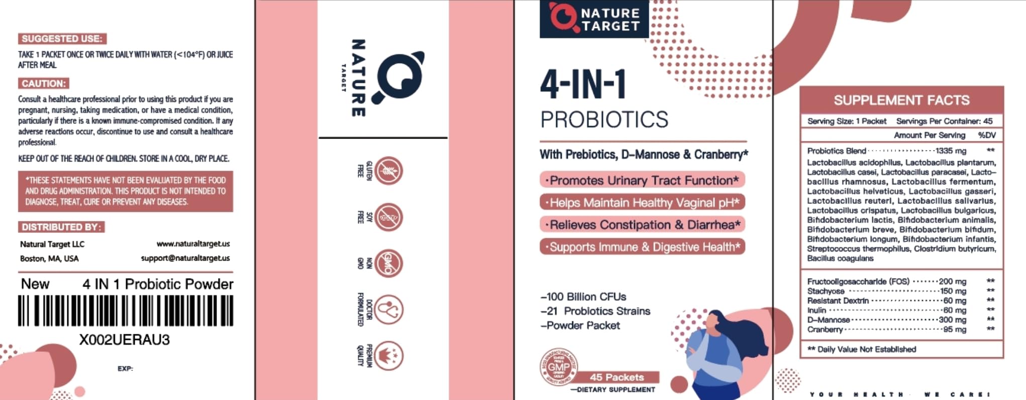 NATURE TARGET Probiotics-for-Women Prebiotics-and-Probiotics-Powder, 100-Billion-CFUs 45-Day-Supply, Women's-Probiotic with D-Mannose and Cranberry for Urinary Tract/Gut/Digestive Health NATURE TARGET Au supplements