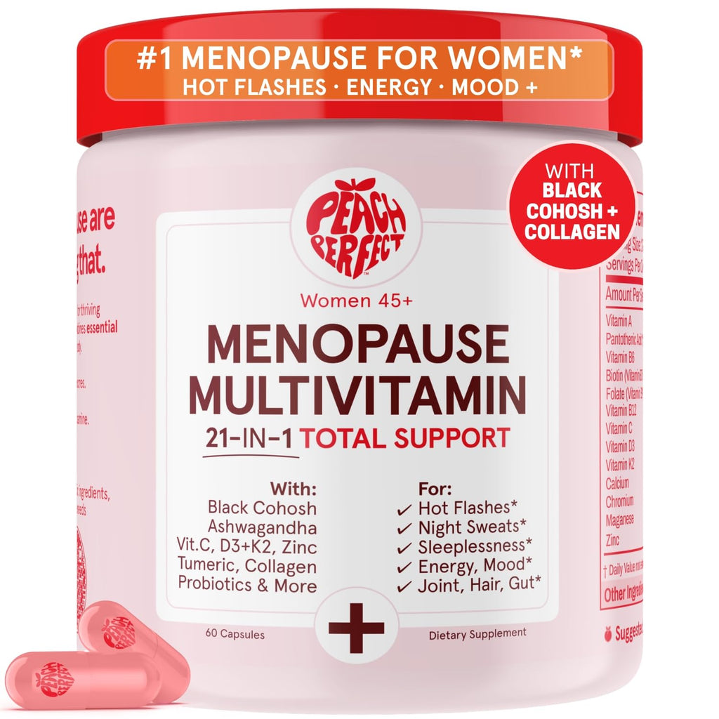 Peach Perfect Menopause Multivitamin | 21 Vitamins for Women 45+ | Black Cohosh, Ashwagandha, Vitamin D3+K2, Probiotics & Collagen | Support for Hot Flashes, Mood Swings, Joint & Skin Health | 30 SVG Peach Perfect Au supplements