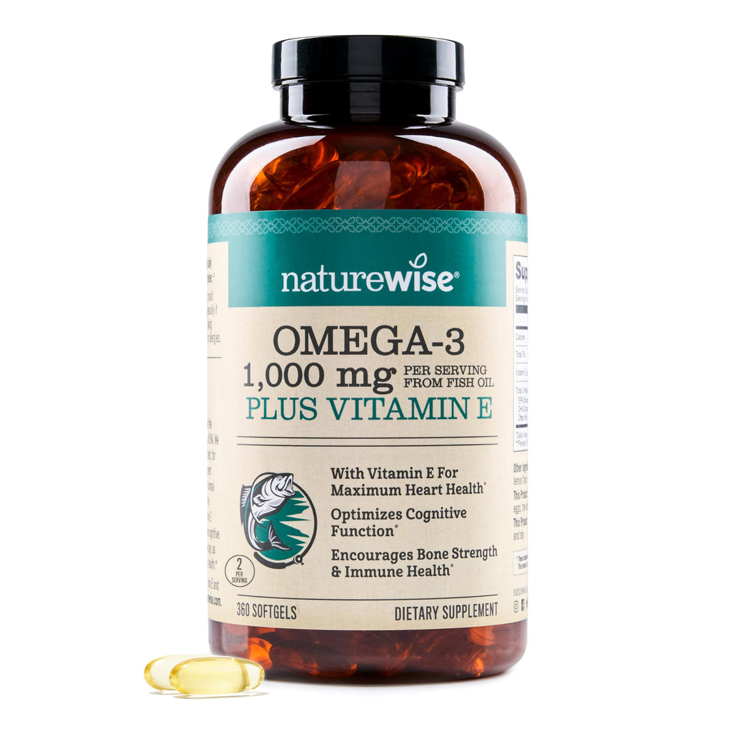 NatureWise Extra-Strength Omega 3 Fish Oil Supplement - 1000mg per Serving - 600 EPA & 400 DHA and Vitamin E - Support for Heart & Brain Health - Lemon Flavor
