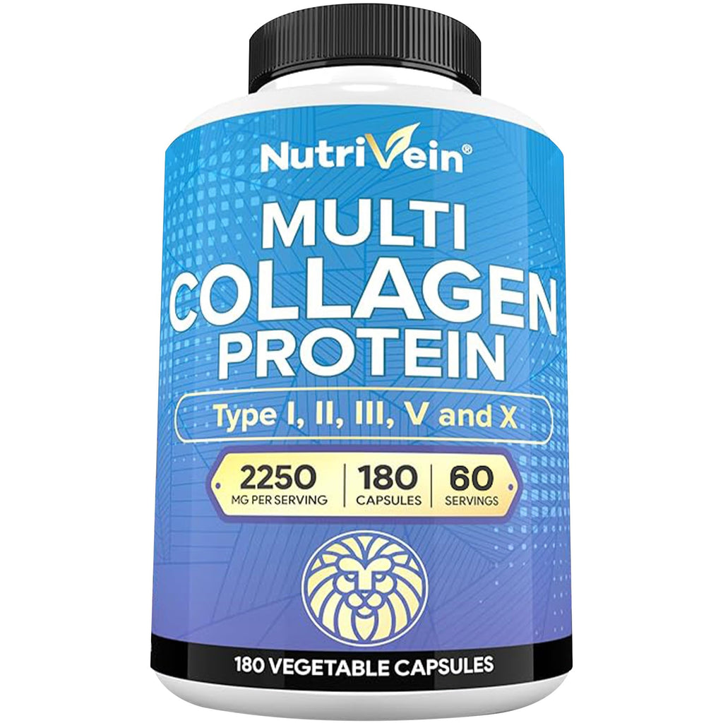 Nutrivein Premium Multi Collagen Pills 2250 mg - 180 Easy-to-Swallow Collagen Capsules: Type I, II, III, V, X Hydrolyzed Protein Peptides for Women and Men
