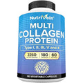 Nutrivein Premium Multi Collagen Pills 2250 mg - 180 Easy-to-Swallow Collagen Capsules: Type I, II, III, V, X Hydrolyzed Protein Peptides for Women and Men