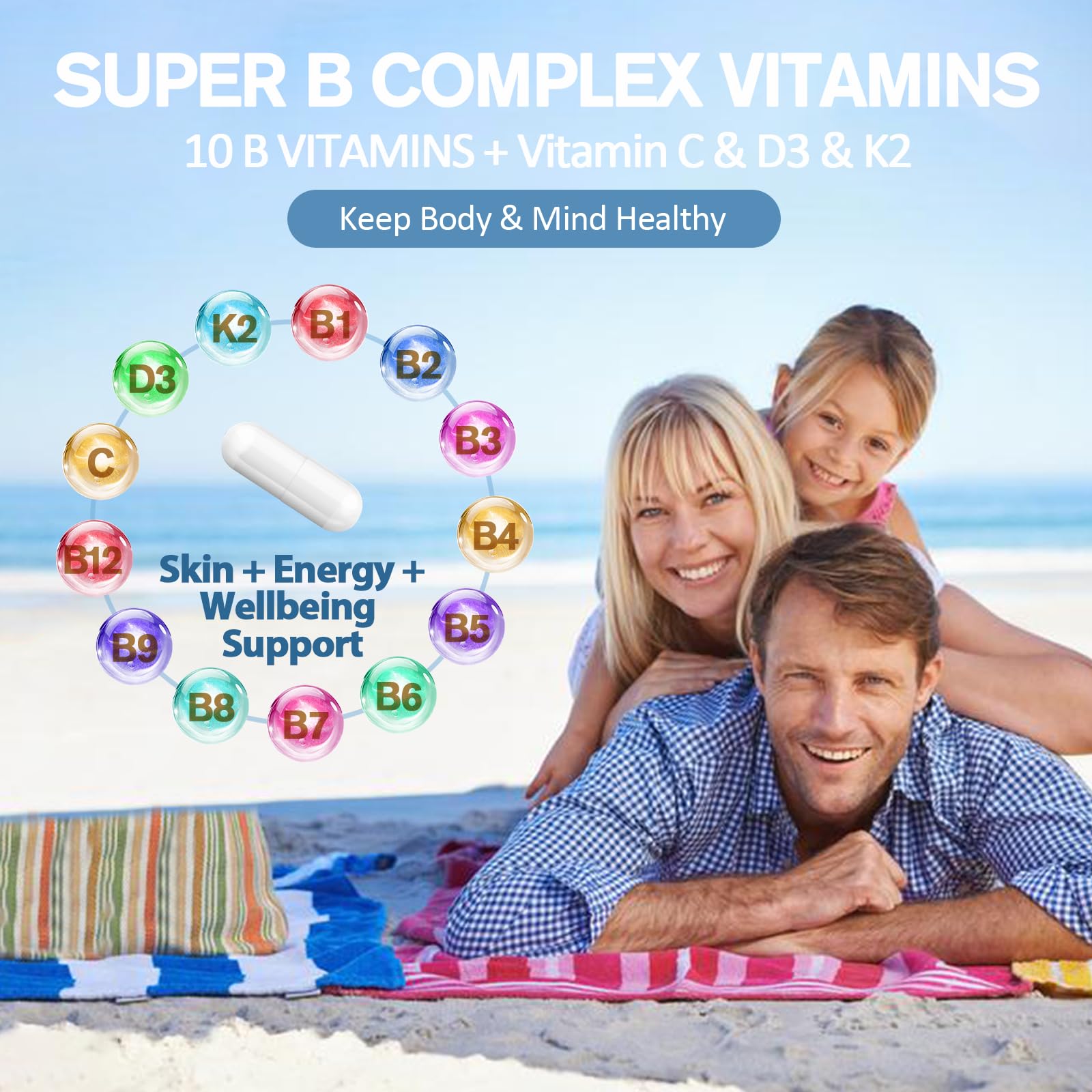 13-in-1 Vitamin B Complex Plus with Vitamin B1, B2, B3 (Niacinamide), B4, B5, B6, B7 (Biotin), B8 (Inositol), B9 (Folate), B12, C, D3, K2 - Energy, Nerve,