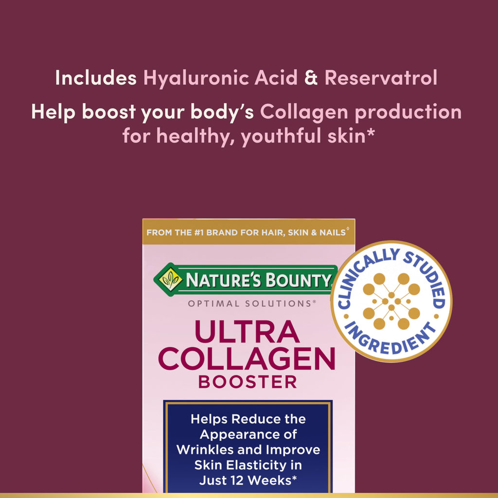 Nature’s Bounty Optimal Solutions Ultra Collagen Booster for Healthy-Aging Supplement, Resveratrol, Hyaluronic Acid – Collagen Capsules for Women, 48 Capsules