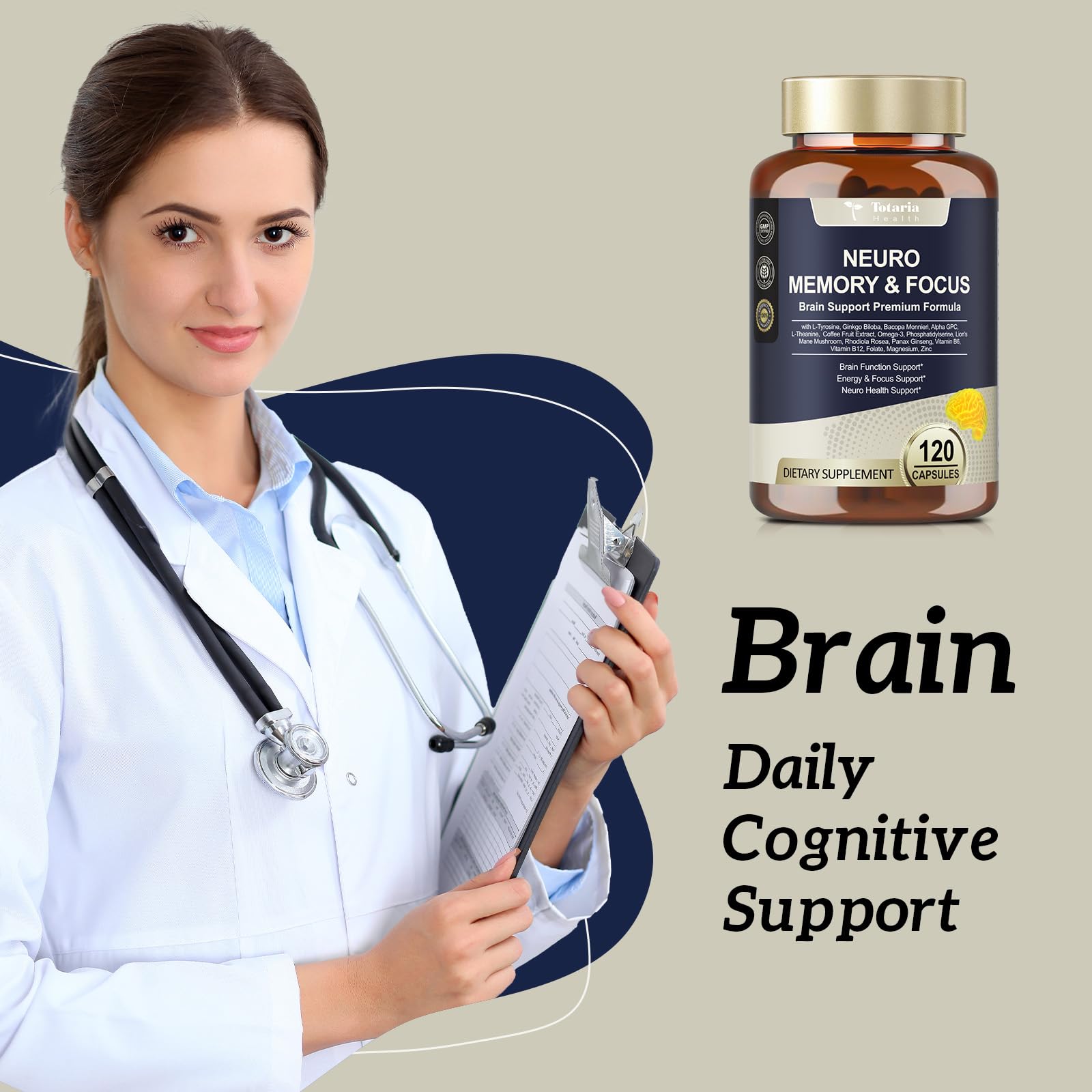 25 in 1 Brain Supplements for Memory and Focus & Neuro Health - Daily Brain Nootropic Cognitive Supplement with L-Tyrosine, Bacopa Monnieri, Ginkgo Biloba, Alpha GPC - Non-GMO, Gluten Free Totaria Au supplements