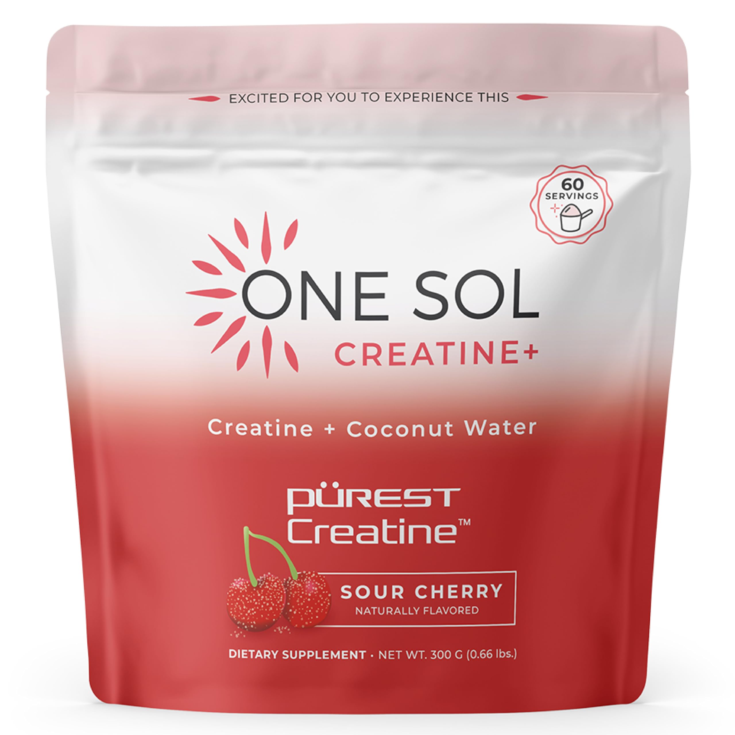 One Sol Creatine for Women, All Natural Women's Creatine Powder w Pure Creatine & Coconut Water, Increase Lean Muscle Mass, Reduce Recovery Time, Promote Brain & Bone Health (Sour Cherry, 60 Servings)