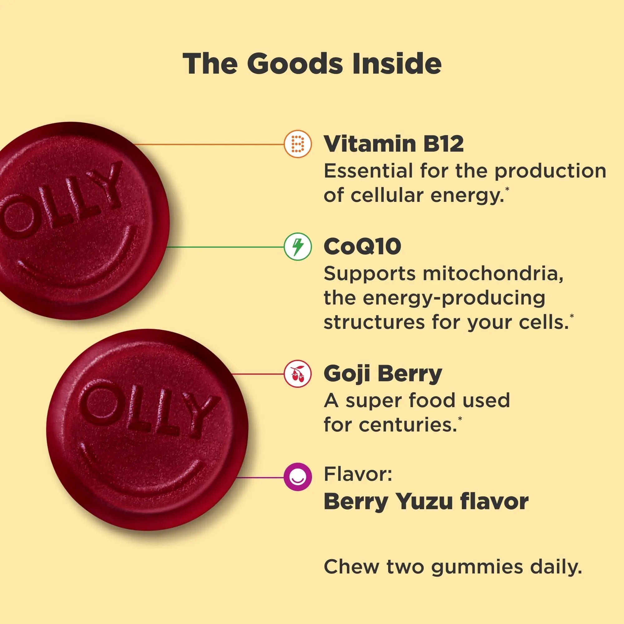 OLLY Extra Strength Daily Energy Gummy, Caffeine Free, 1000mcg Vitamin B12, CoQ10, Goji Berry, Adult Chewable Supplement OLLY Au supplements