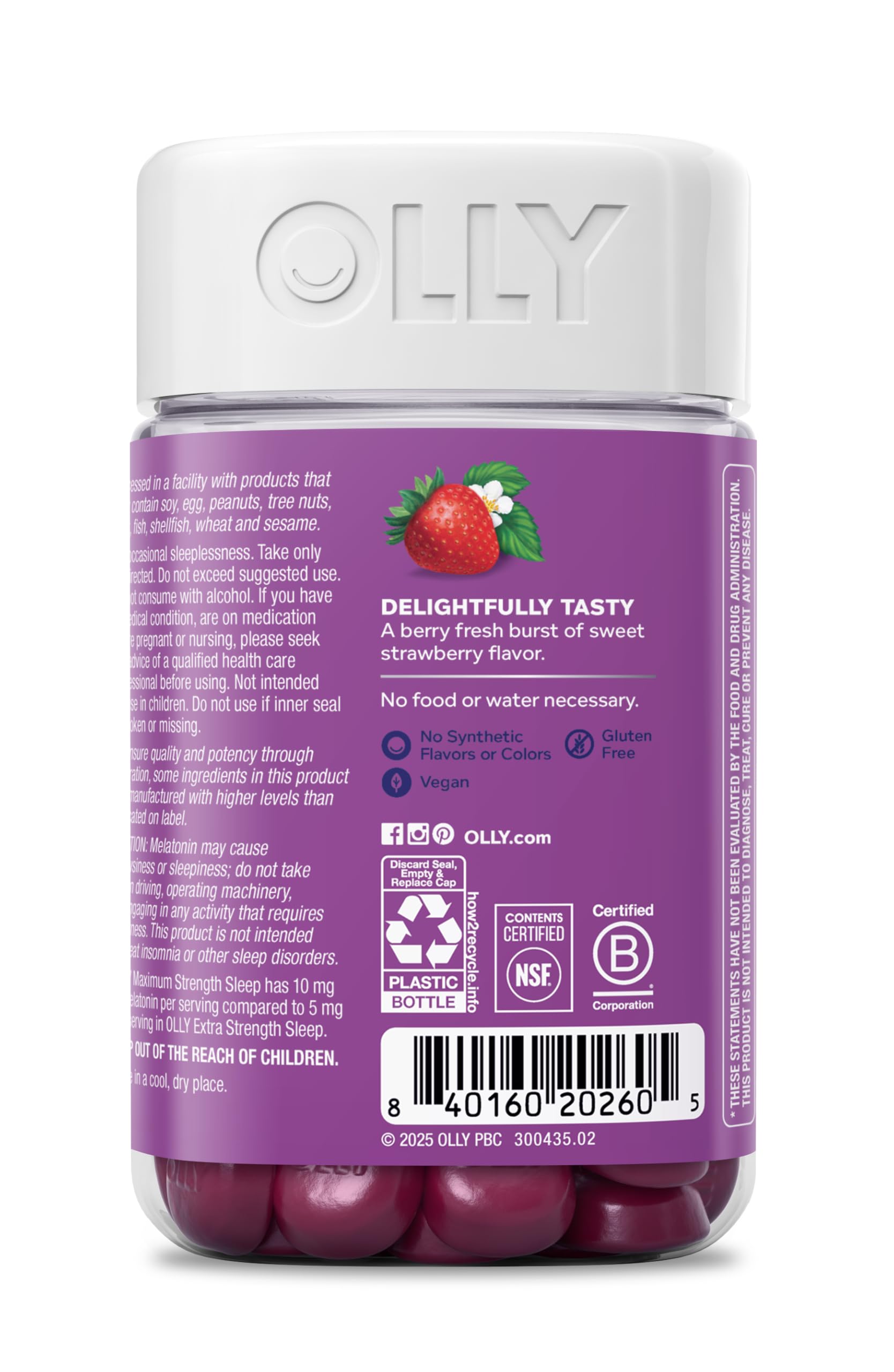 OLLY Max Strength Sleep Gummy, 10mg Melatonin, L-Theanine, Chamomile, Lemon Balm, Sugar Free, Vegetarian Sleep Aid, Strawberry - 70 Count