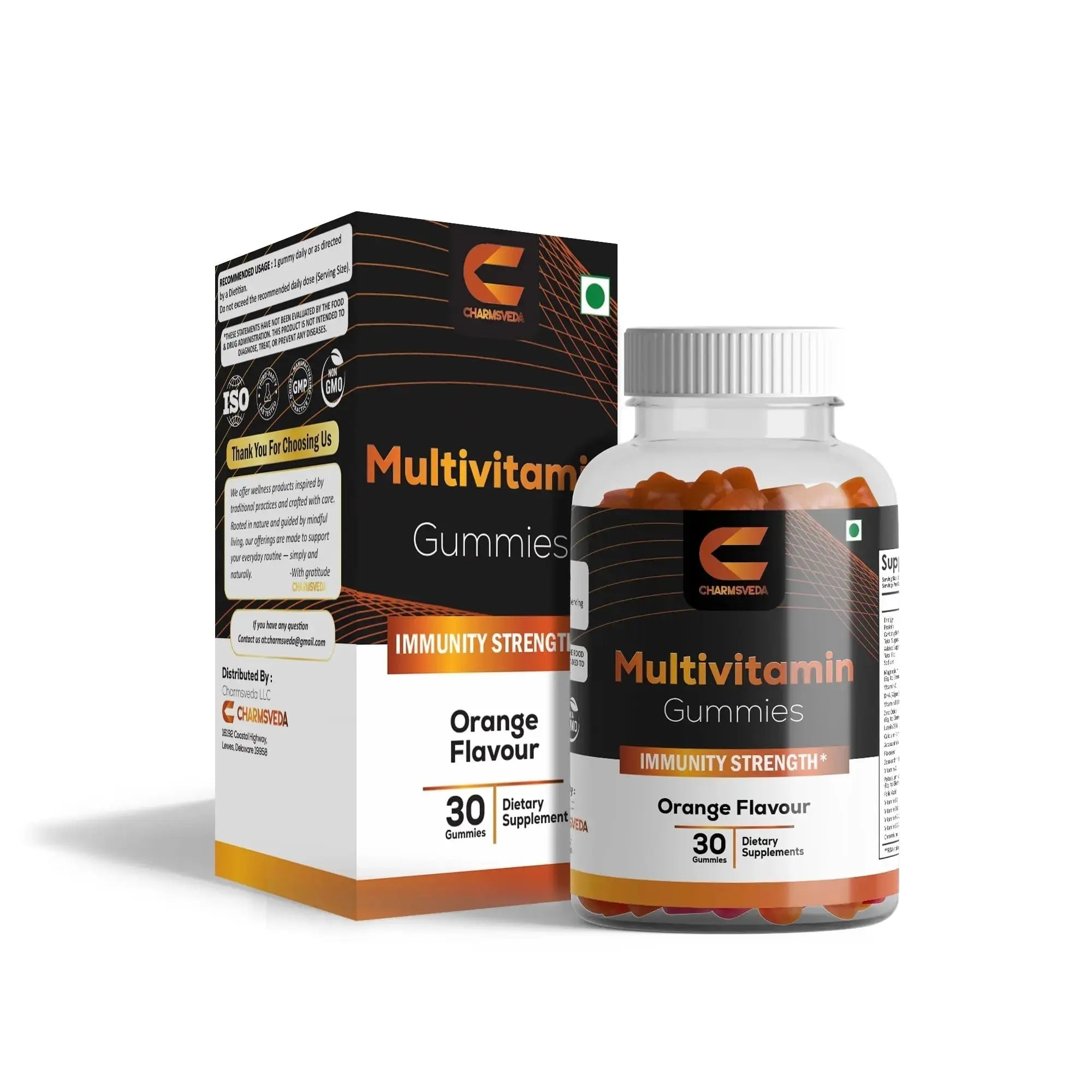 CHARMSVEDA Multivitamin Gummies – Energy, Immunity & Overall Wellness with DHA, Vitamin C, Zinc & Antioxidants – Orange Flavour – 30 Gummies CHARMSVEDA Au supplements