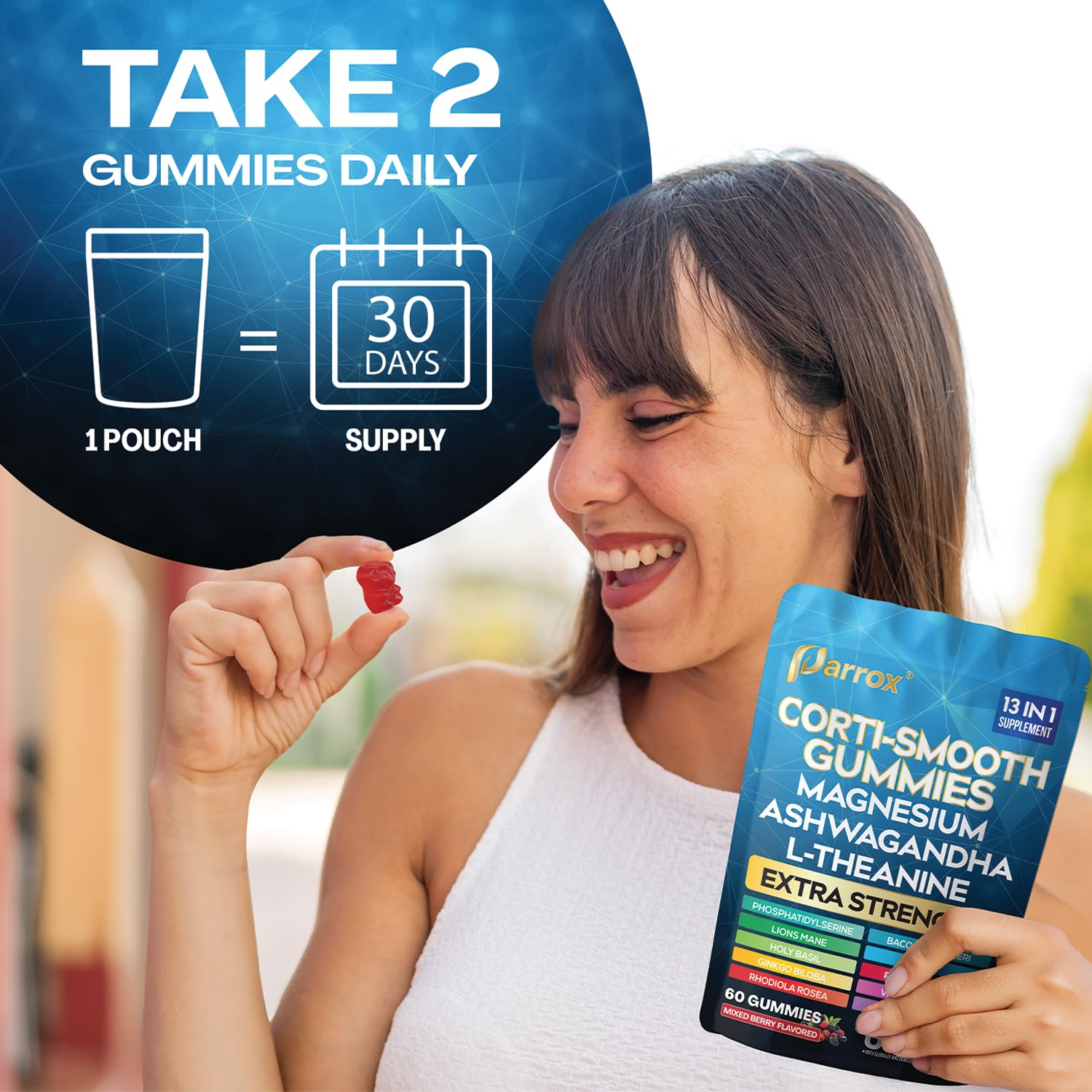 Parrox Corti-Smooth Cortisol Support Gummies with Magnesium, L-Theanine, Ashwagandha, Phosphatidylserine, Bacopa Monnieri, Lions Mane, Ginkgo Biloba, Valerian Root (60 Gummies - Mixed Berry Flavor) Parrox Au supplements