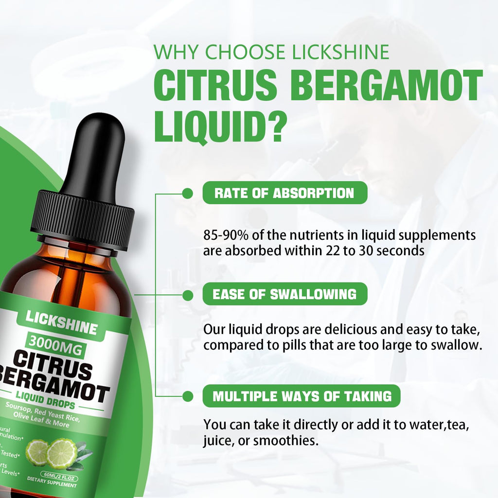 lickshine 2 Pack 3000mg Citrus Bergamot Liquid Drops - High Absorption - Cholesterol Lowering Supplement for Immune Support Anti-Aging,