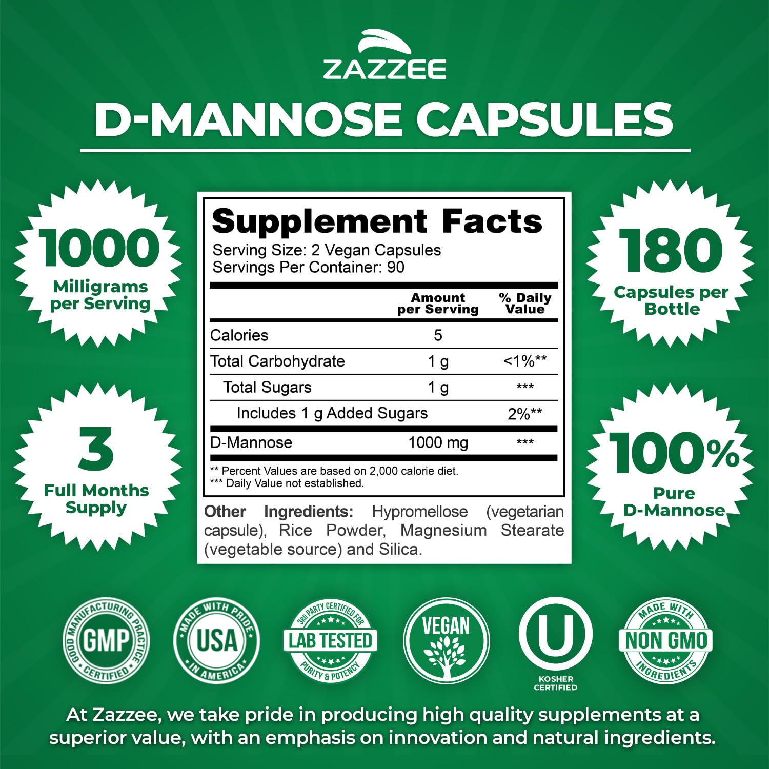 Zazzee D-Mannose, 1000 mg per Serving, 180 Vegan Capsules, 3 Month Supply, Potent & Fast-Acting, Certified Kosher, 100% Pure, All-Natural Urinary Tract Health Support