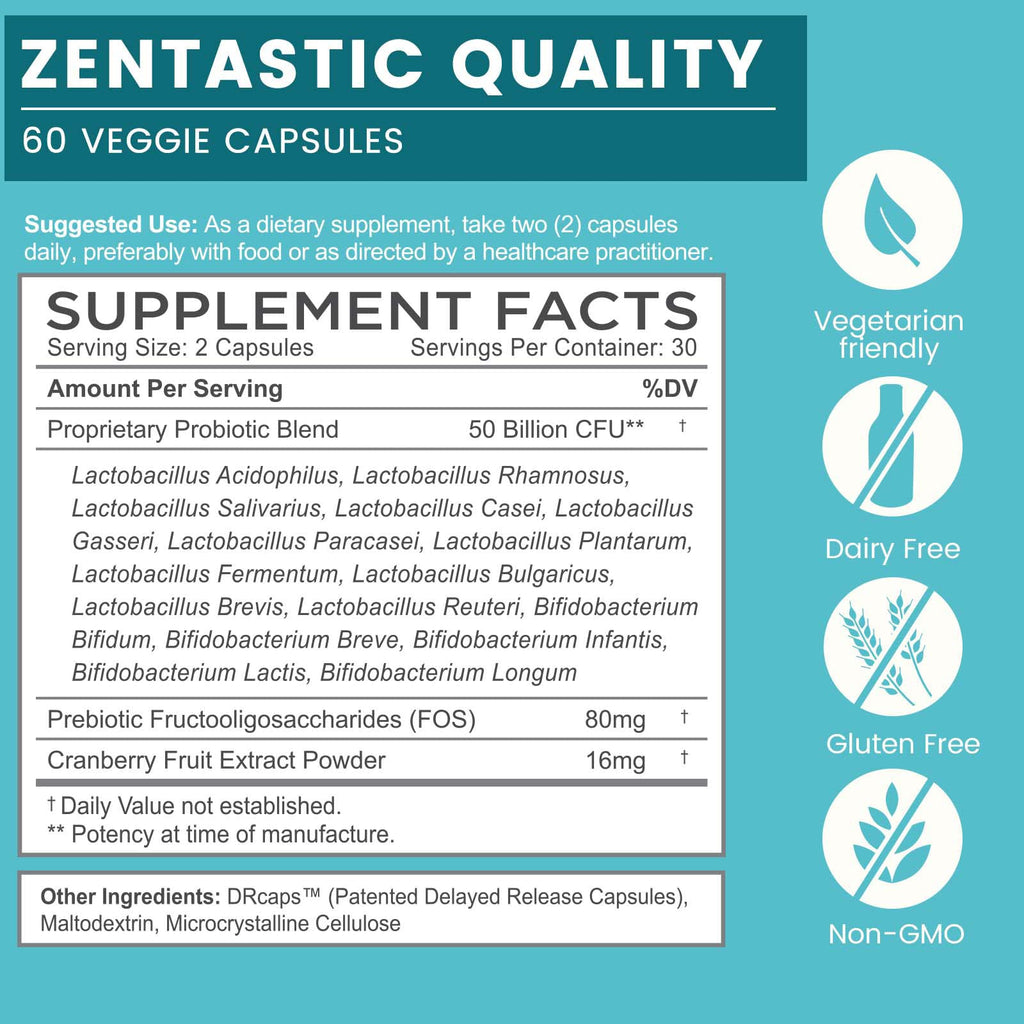 Zentastic Probiotics & Prebiotics Supplement - 50 Billion CFU - for Men & Women’s Immune & Digestive Health - 16 Strains - Shelf Stable - 180 Delayed Release Veggie Capsules