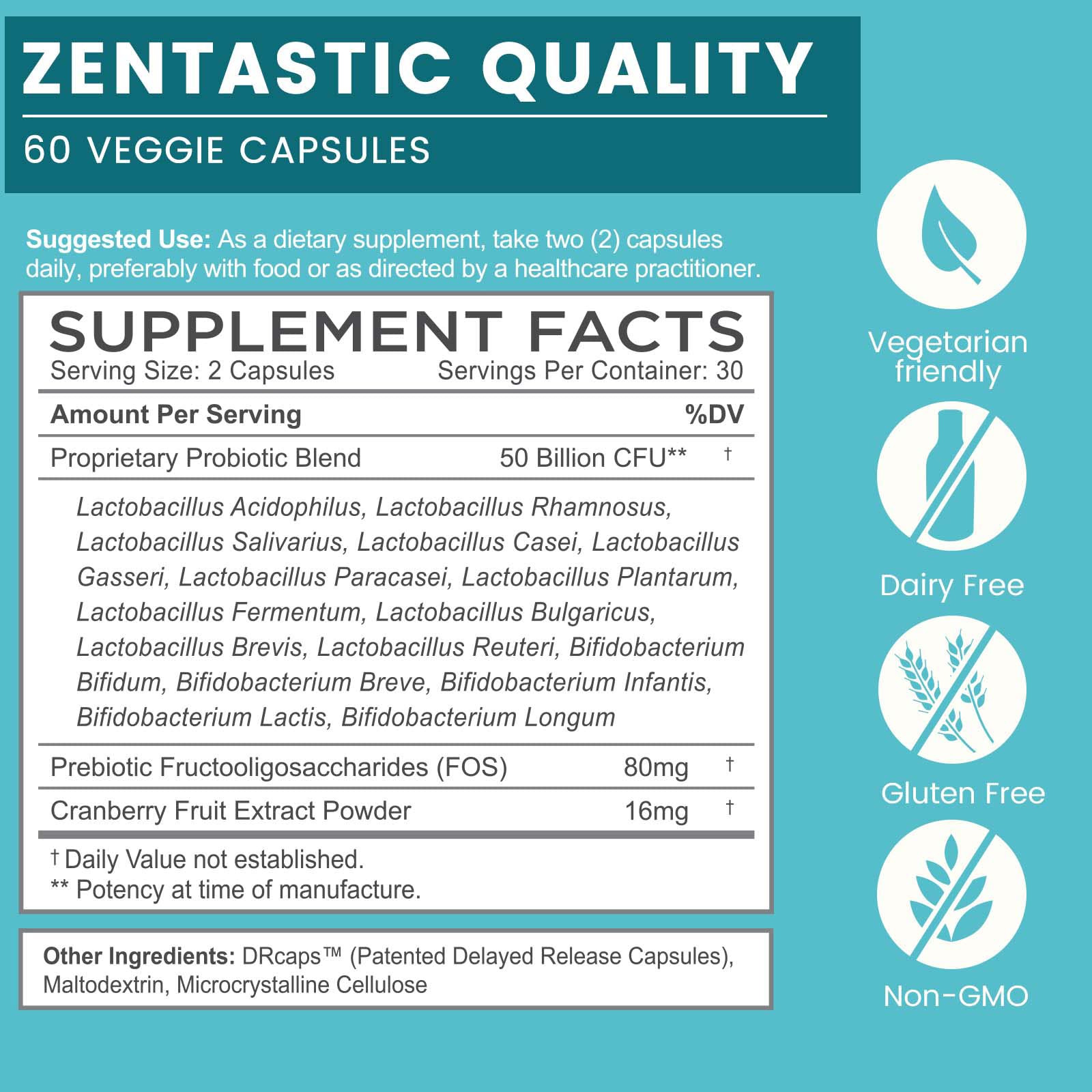 Zentastic Probiotics & Prebiotics Supplement - 50 Billion CFU - for Men & Women’s Immune & Digestive Health - 16 Strains - Shelf Stable - 180 Delayed Release Veggie Capsules