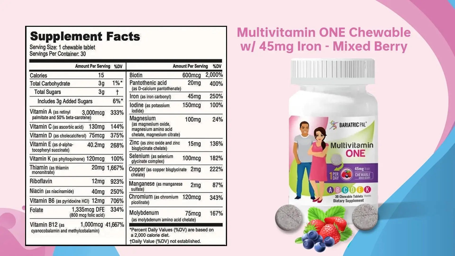 BariatricPal Multivitamin ONE 1 per Day! Bariatric Multivitamin Chewable with 45mg Iron - Mixed Berry (30 Count) BariatricPal Au supplements